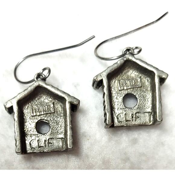 JIM CLIFT Pewter Birdhouse Dangle Earrings Signed Vtg Cabincore Cottage Fairy - Picture 4 of 4